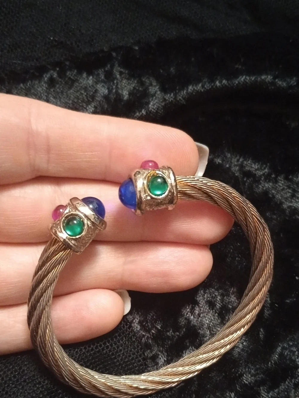 Two Vintage Twisted Cable Cuff Bracelet with Colored Gem Accents